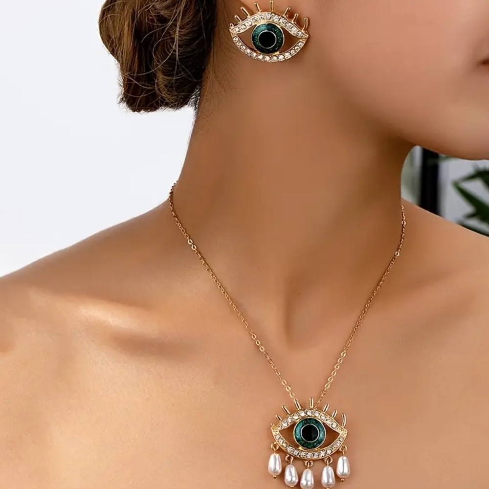 NEW! Boho Evil Eye Jewelry Set - Pearl Pendant Necklace & Earrings 🧿 B1-42
